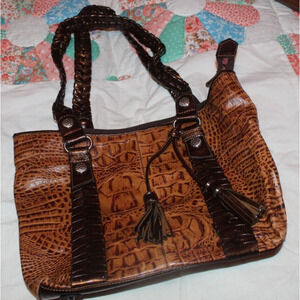 M.C. Purse Silver Decor Double Strap Shoulder Bag Brown Leather